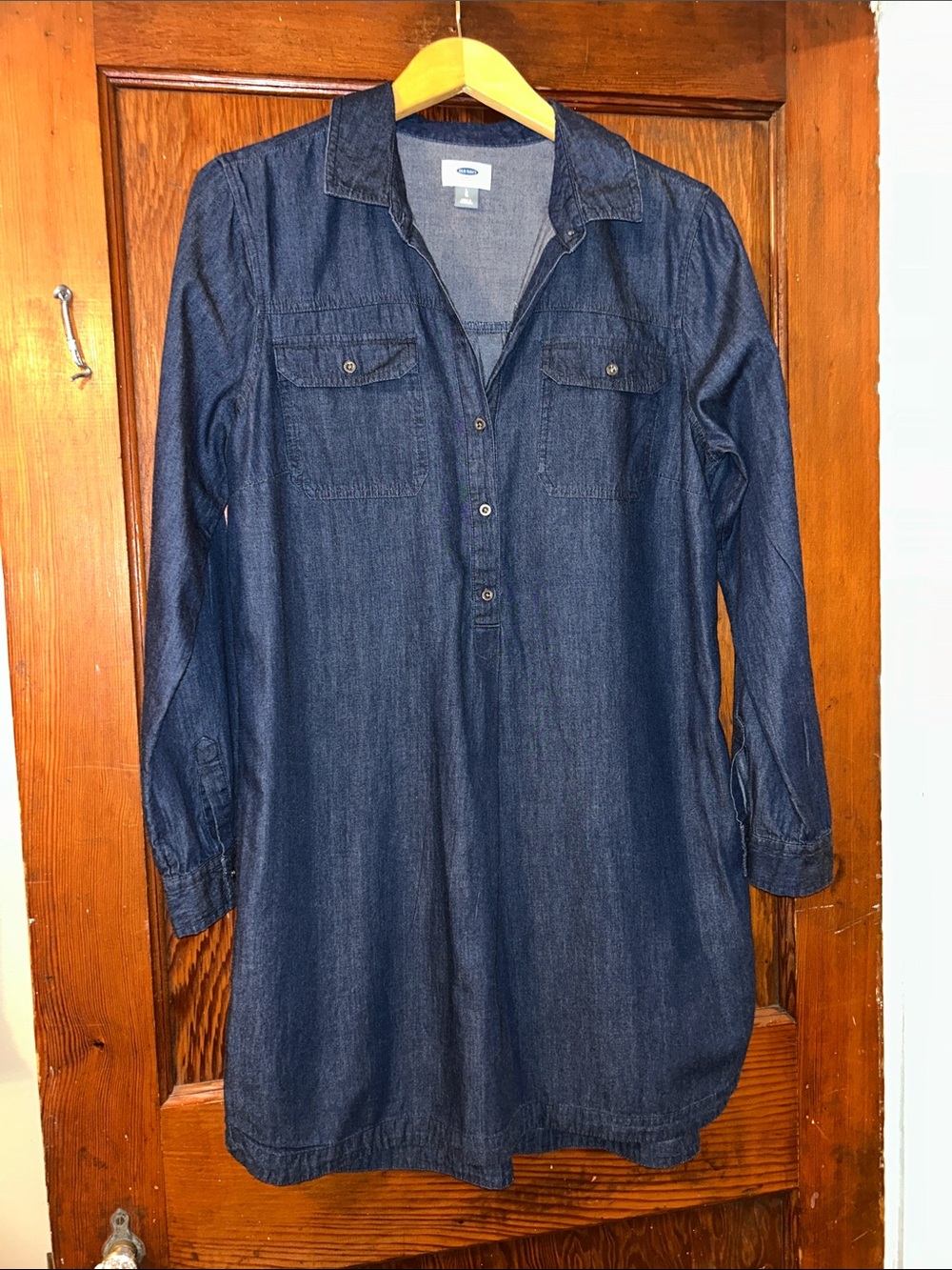 Old Navy: Dark Blue Denim Shirt Dress, Cotton, Size: Large